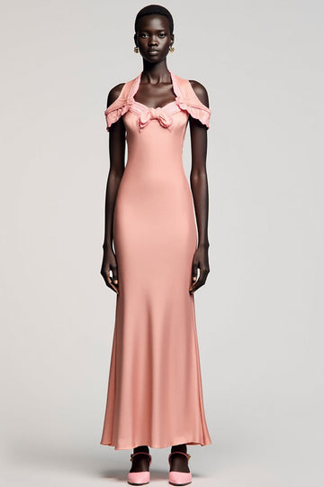 Robe rose sirène à épaule froide avec noeud